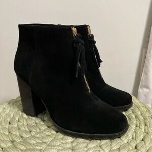 French Connection Black Suede Front Zipper Block Heel Ankle Boots
